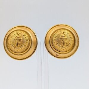 VTG Ellen Designs Anchor Earrings Gold Tone Chunky 80s‎ Nautical Clip On